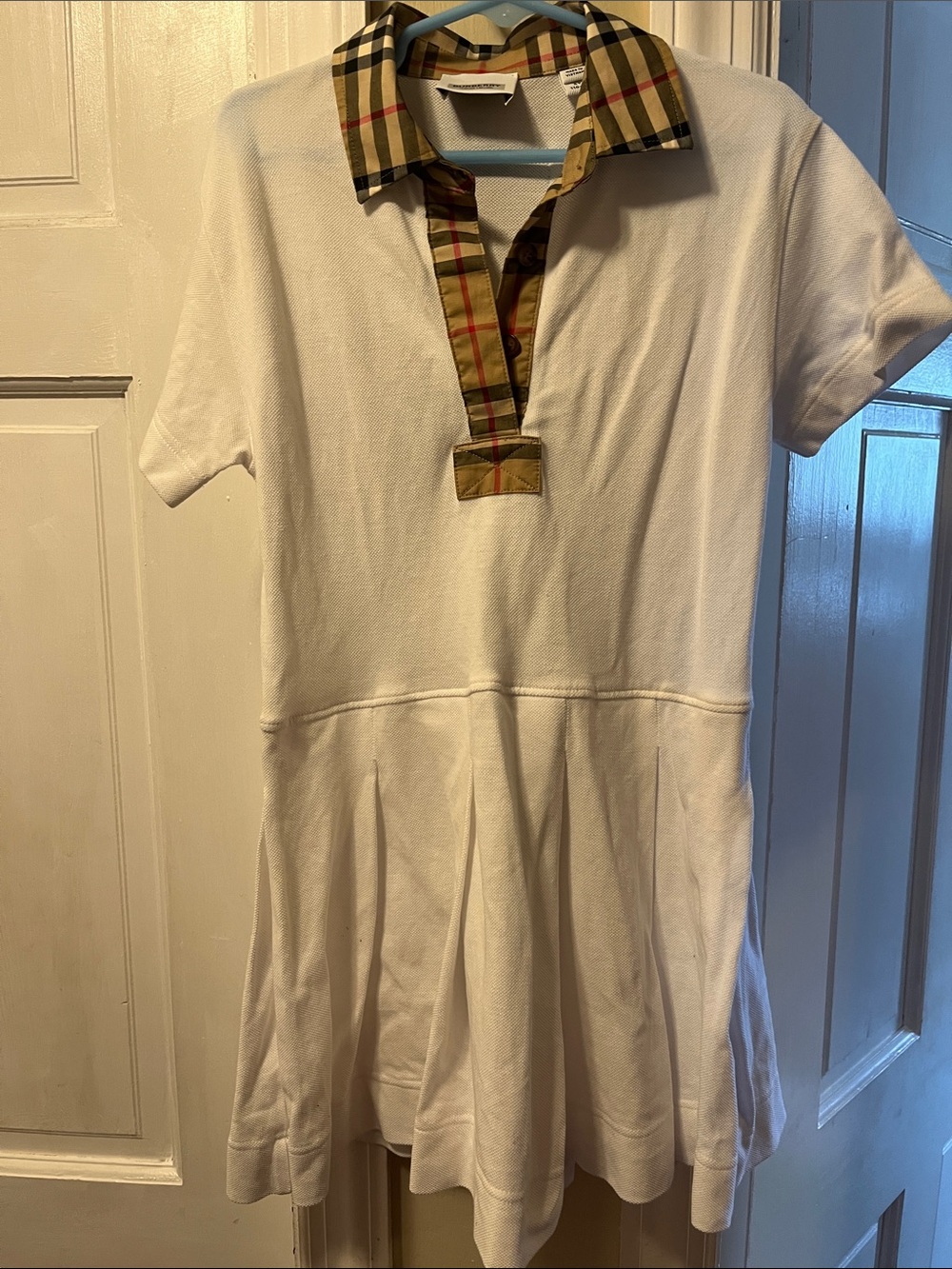 Burberry White Polo Dress with Signature Beige Plaid Trim